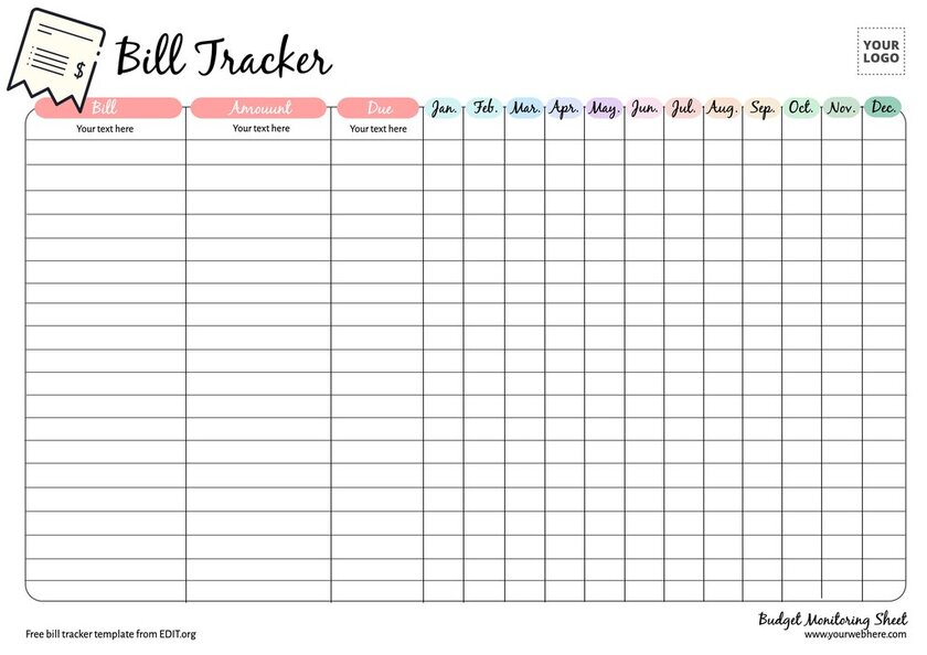 Editable monthly bill tracker template