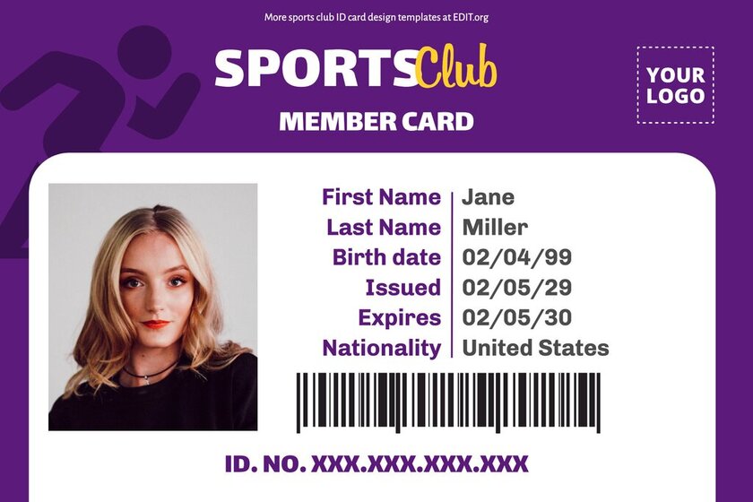 Printable blank id card template for sports clubs