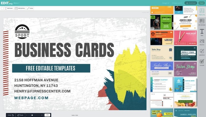 Online editor for business card designs