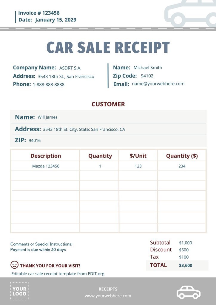 Printable free car sale receipt template